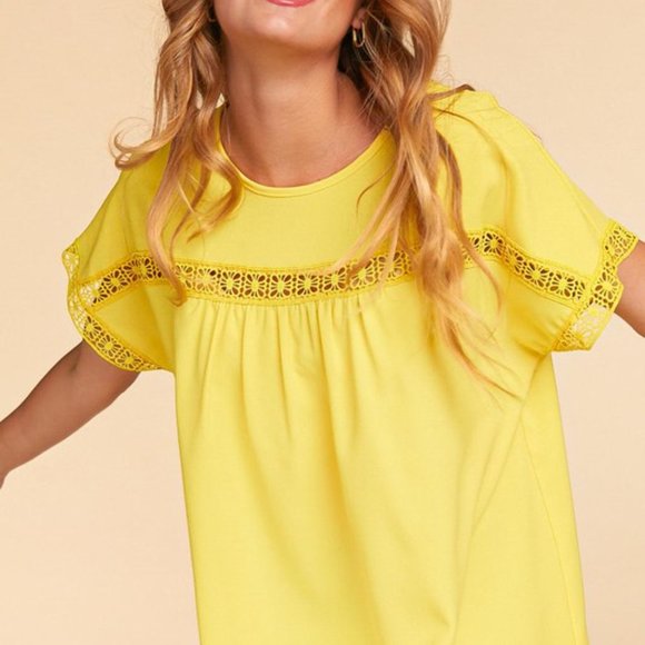Yellow Crepe Crochet Yoke Dolman Sleeve Top - Picture 2 of 4